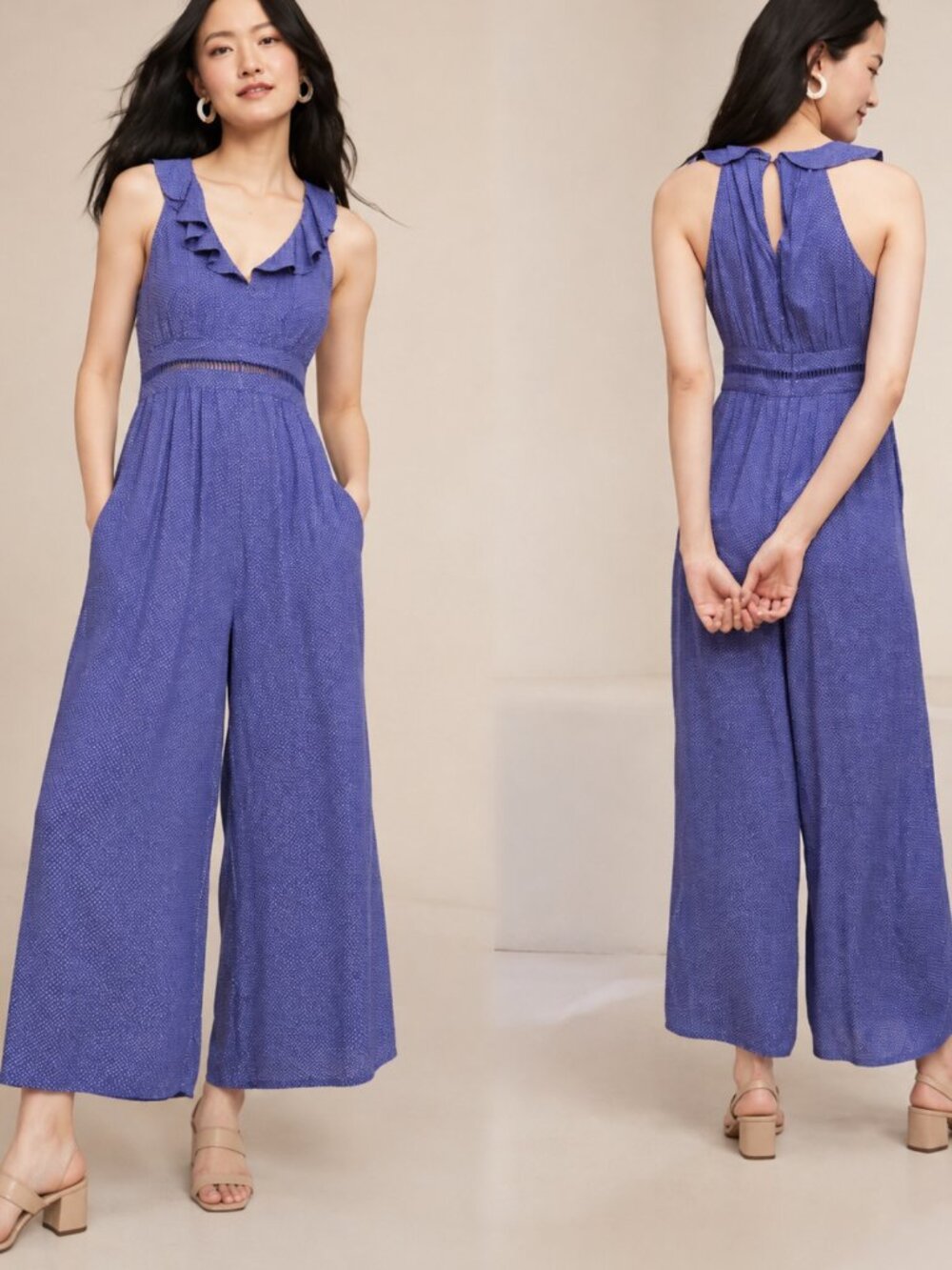 Maeve Justine Syros Purple Blue Polka Dot Wide Leg Jumpsuit 6 Ruffle Boho EUC